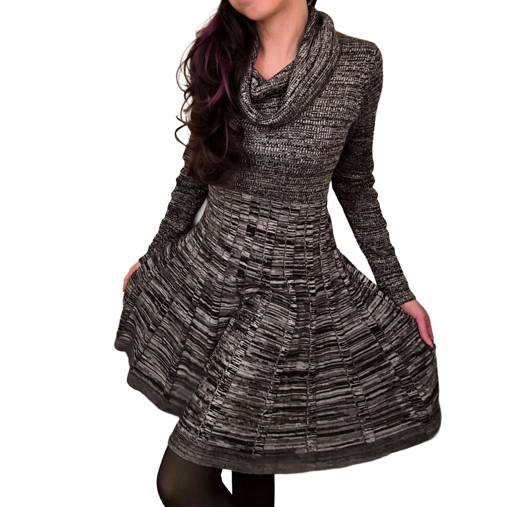 Calvin Klein Cowl Neck Fit & Flare Sweater Dress M Black Gray Marled Knit